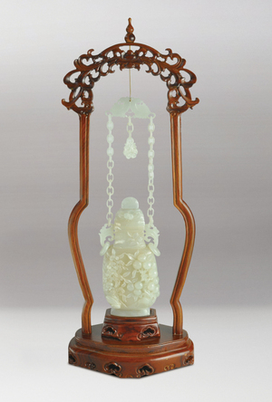 民國‧白玉壽桃紋雙耳鍊瓶